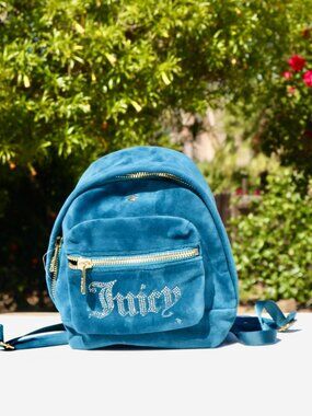 Juicy Couture Teal Velvet Mini Backpack with Crystal Logo